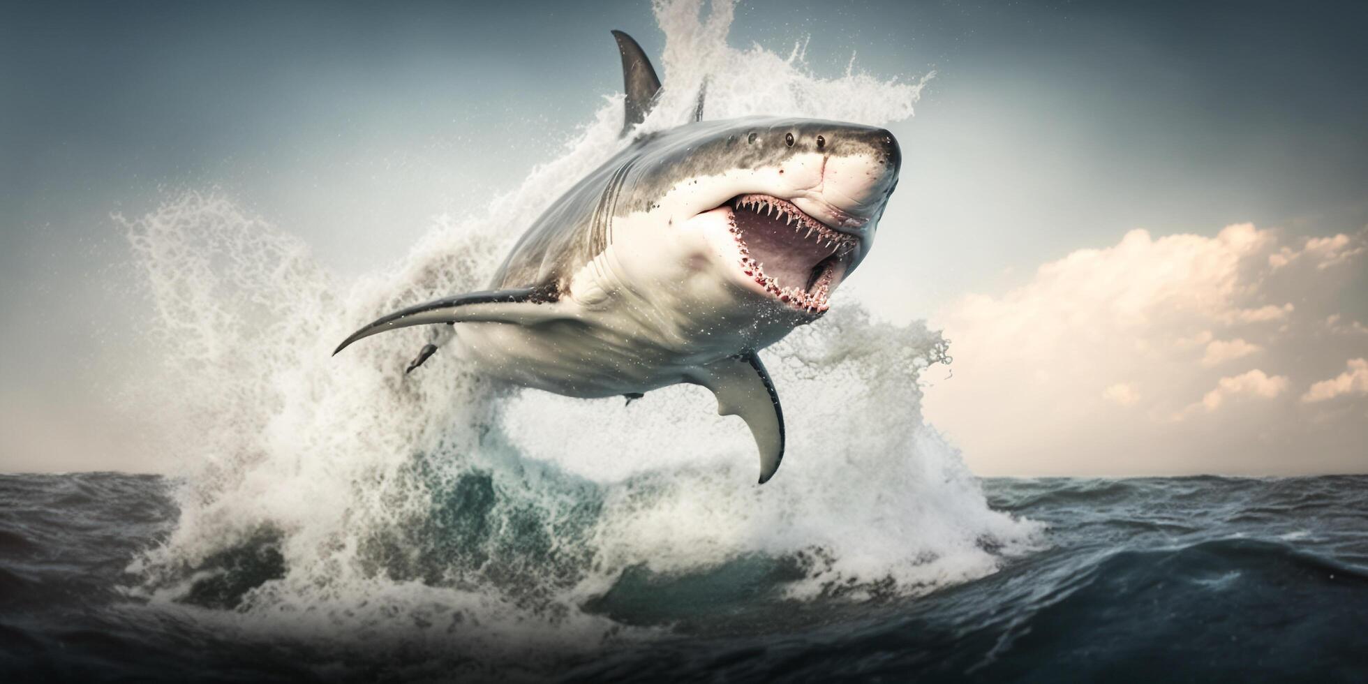 The shark is jumping and attacking from the sea surface with . photo