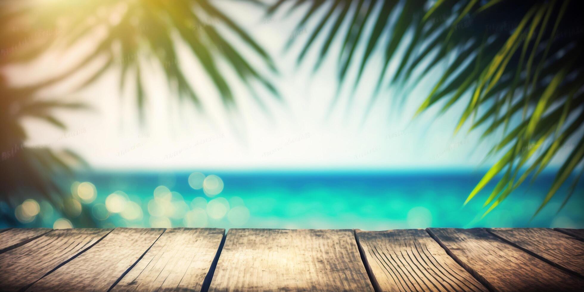 The wood table in the beach in summer time with . photo