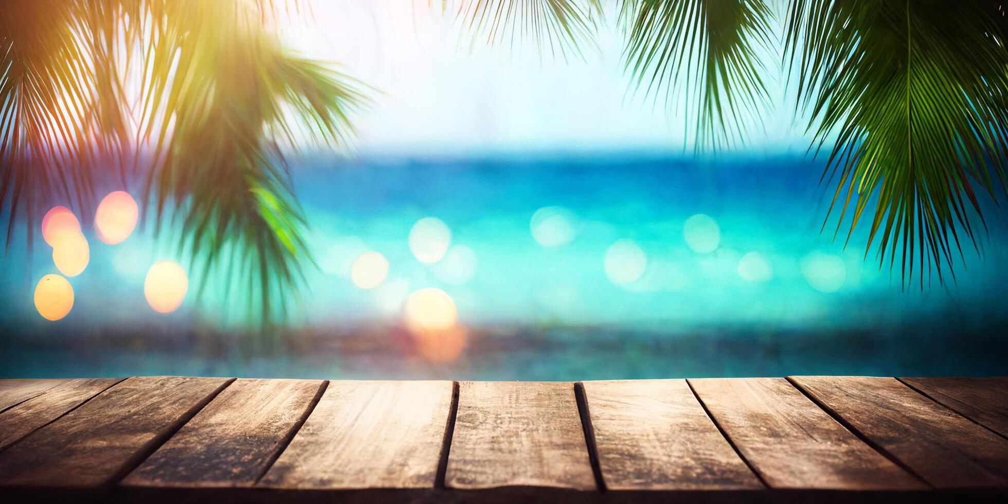 The wood table in the beach in summer time with . photo