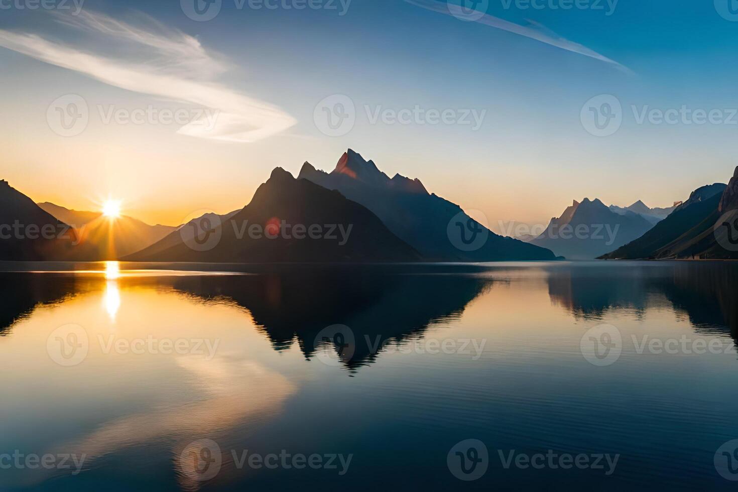 montañas reflejado en agua a puesta de sol. hermosa verano paisaje de Alpes ai generado foto