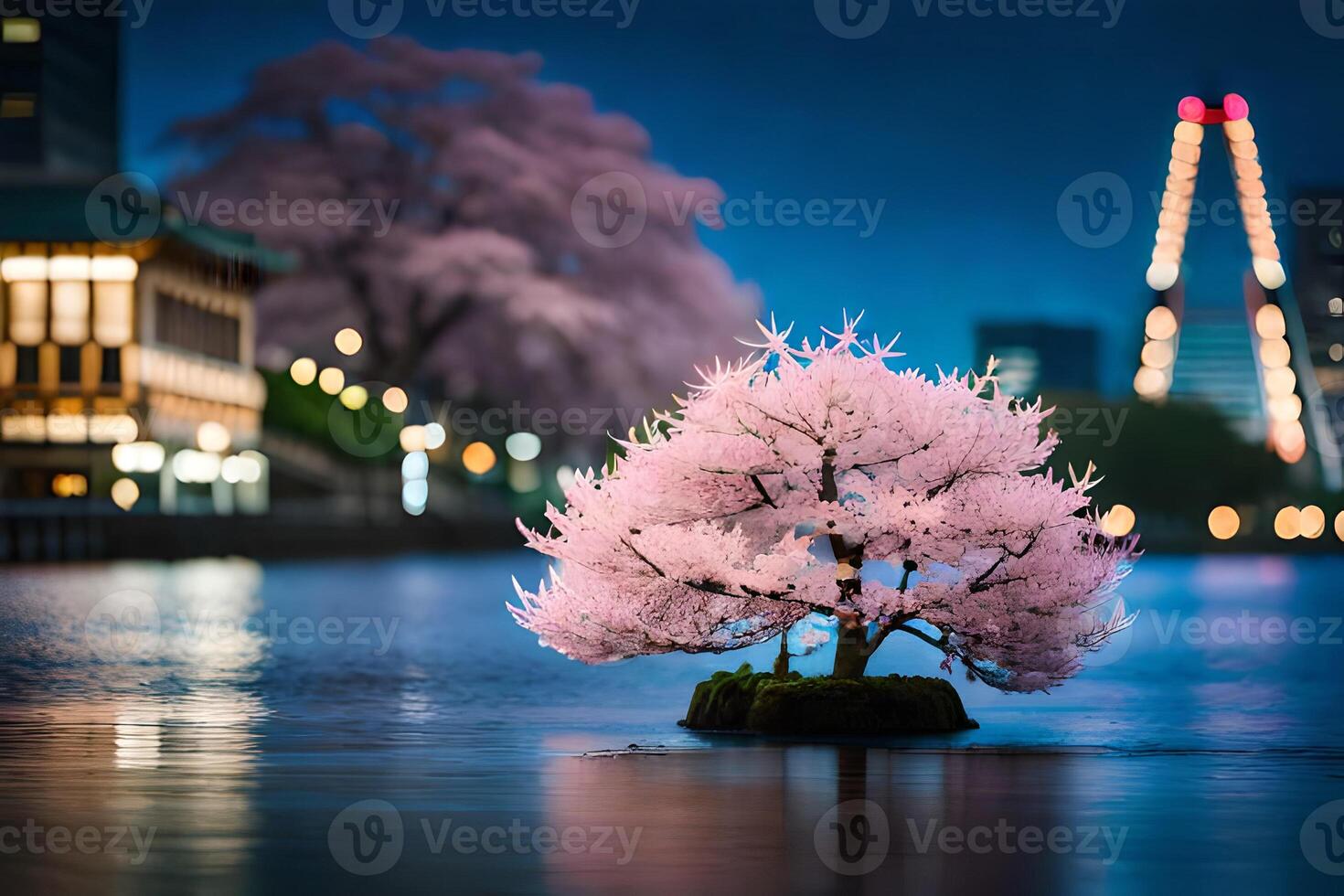 Cherry blossoms tree in full bloom in floating at lake or water photo