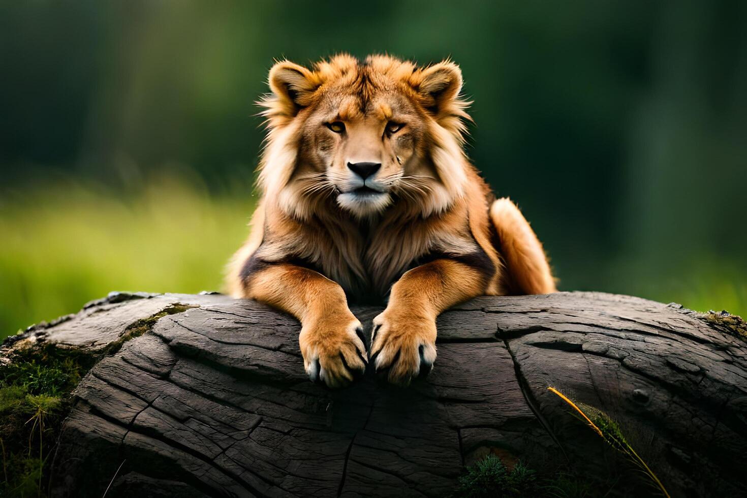 león acostado en un Iniciar sesión en el bosque. fauna silvestre escena desde naturaleza ai generado foto