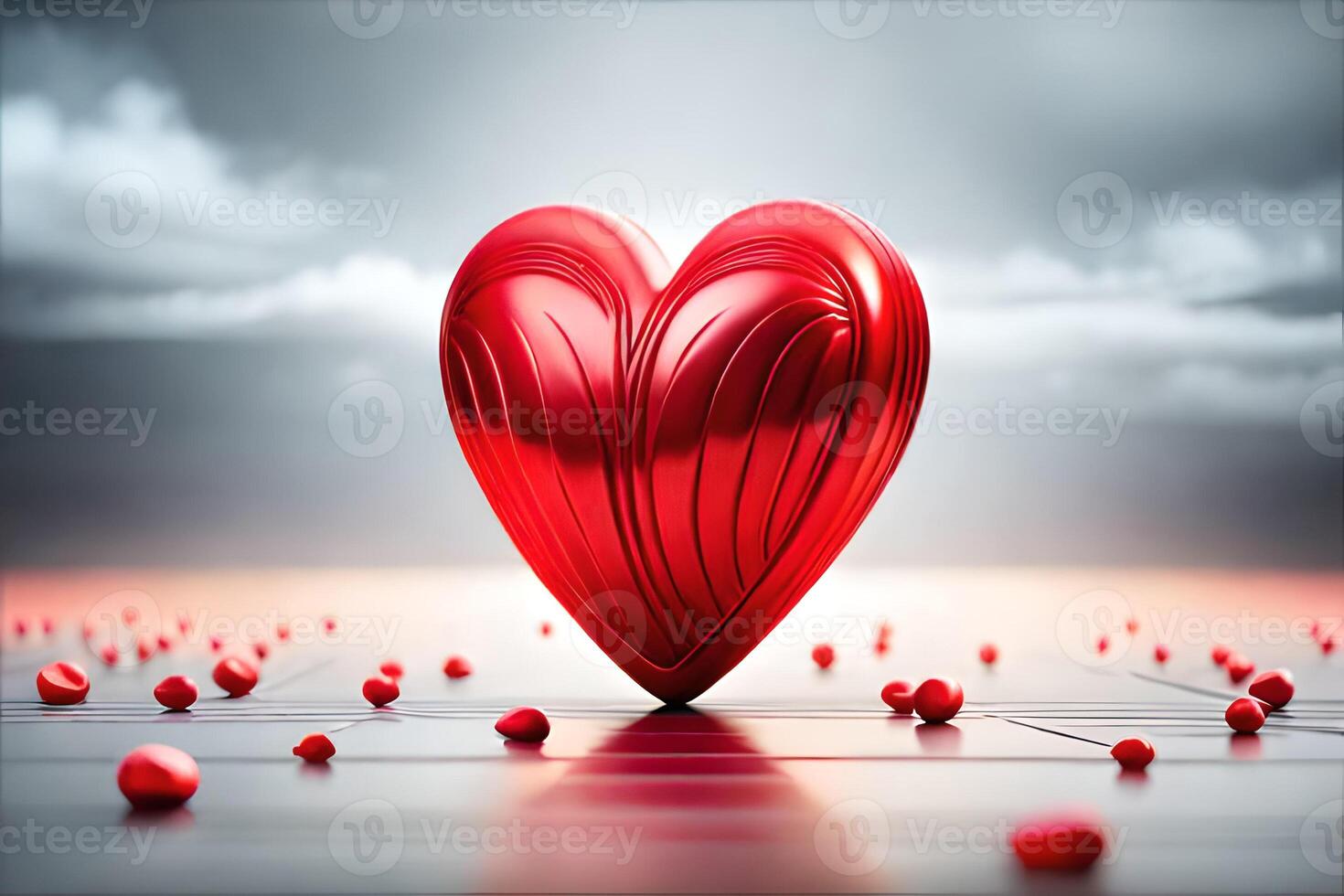 3D Red heart shape on sky background. Valentine's day concept photo