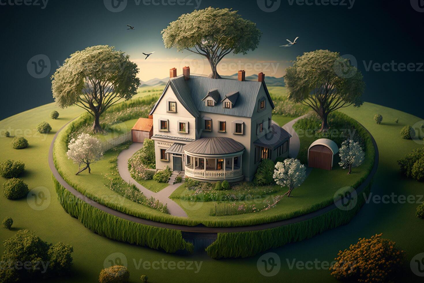 fantasy House in the middle of the green meadow. photo
