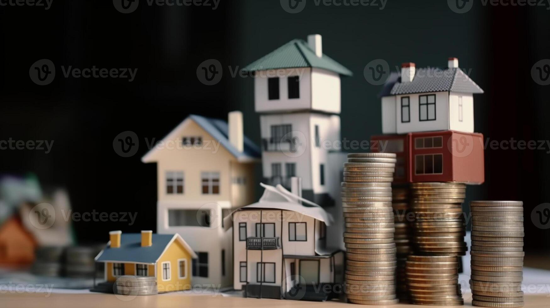 a stock of coins and house real estate and investment concept photo