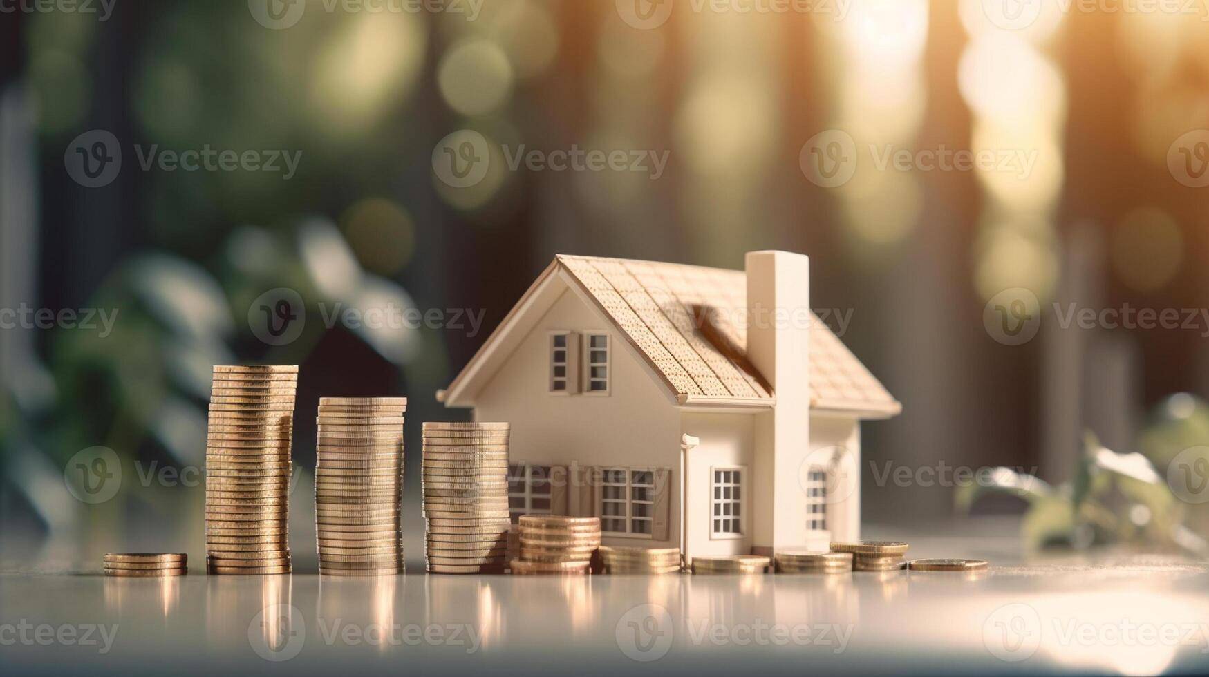 a stock of coins and house real estate and investment concept photo