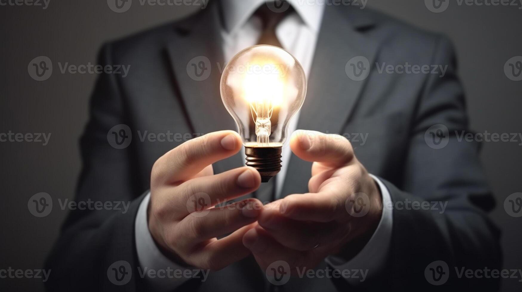 Businessman holding a glowing lightbulb in his hand. Business and innovation concept. photo