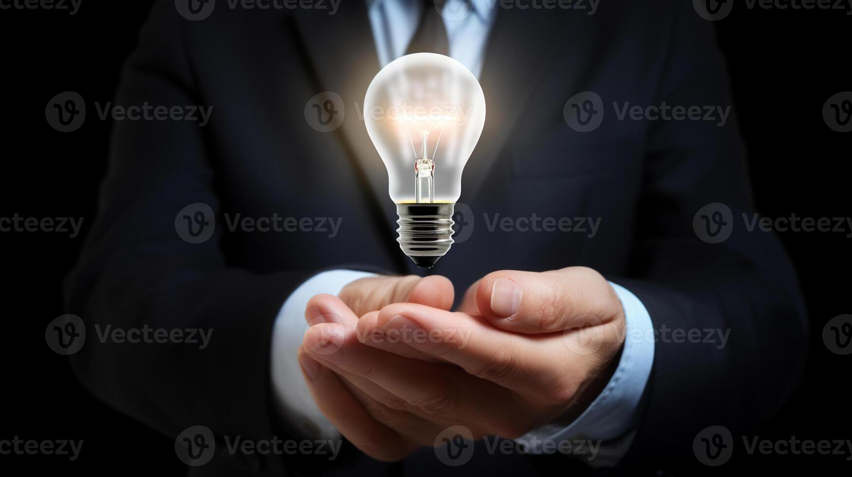 Businessman holding a glowing lightbulb in his hand. Business and innovation concept. photo