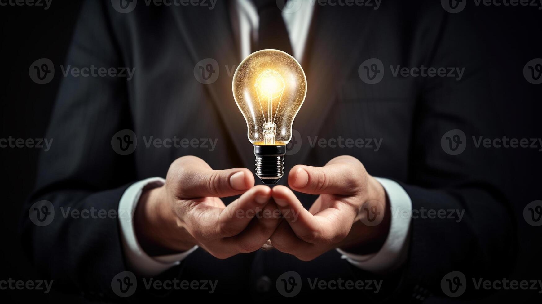 Businessman holding a glowing lightbulb in his hand. Business and innovation concept. photo
