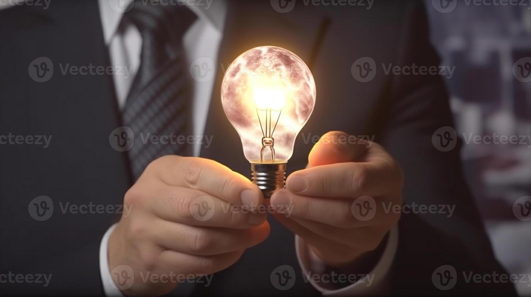 Businessman holding a glowing lightbulb in his hand. Business and innovation concept. photo