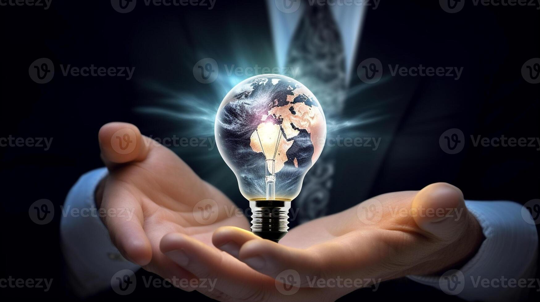 Businessman holding a glowing lightbulb in his hand. Business and innovation concept. photo