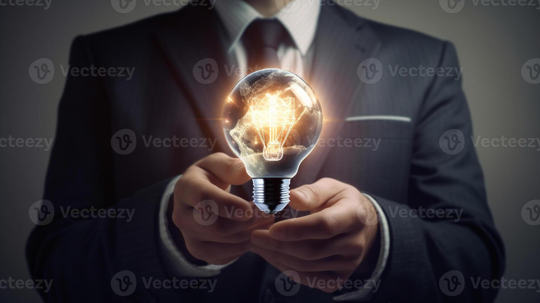 Businessman holding a glowing lightbulb in his hand. Business and innovation concept. photo