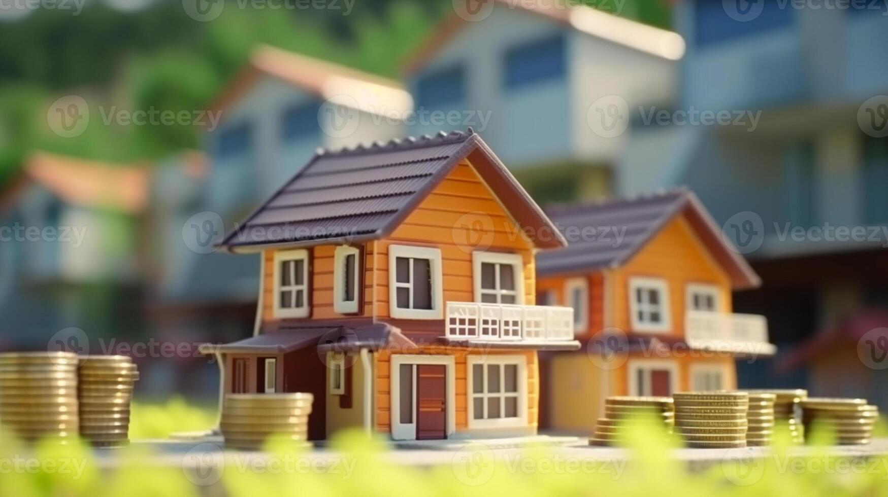 a stock of coins and house real estate and investment concept photo