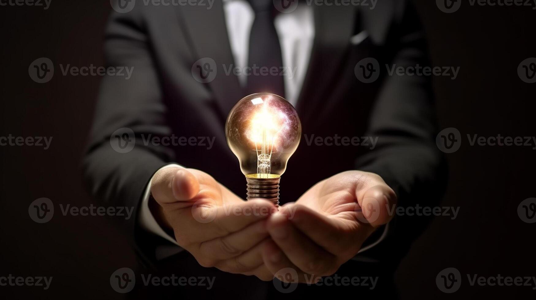 Businessman holding a glowing lightbulb in his hand. Business and innovation concept. photo