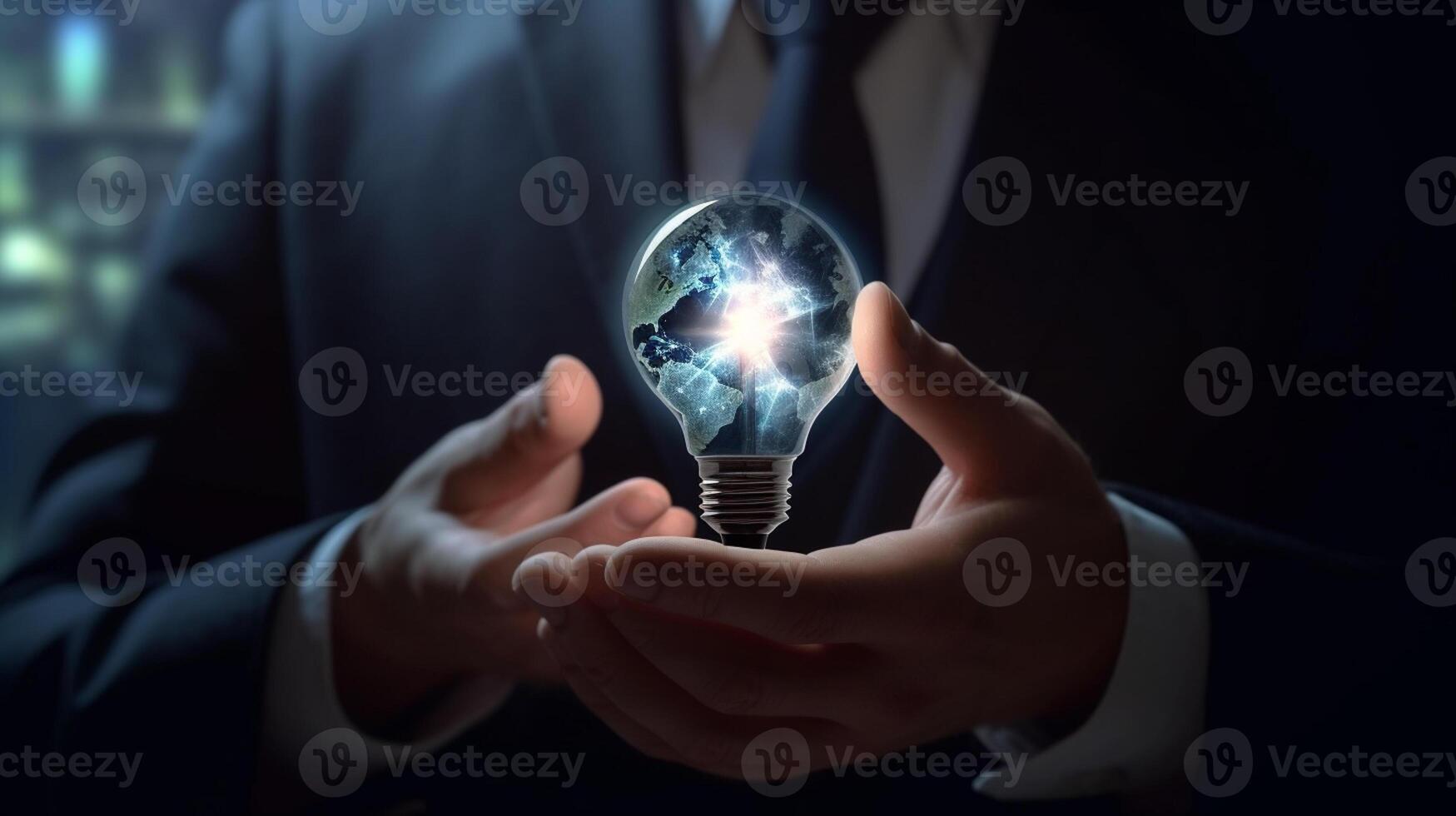 Businessman holding a glowing lightbulb in his hand. Business and innovation concept. photo