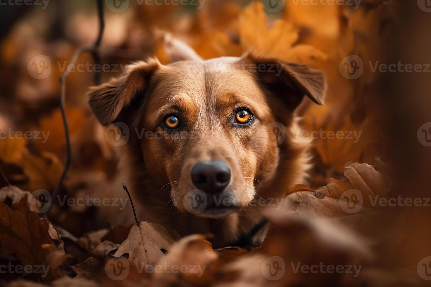 portrait of cute ginger dog among red fall leaves in autumn colors plants photo