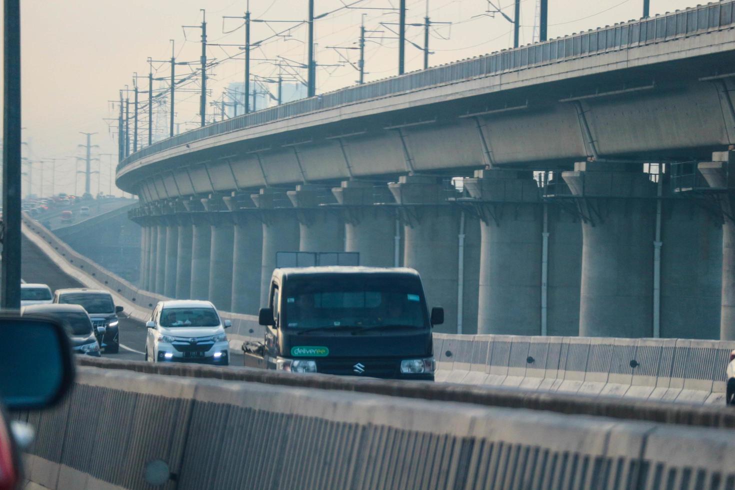 West Java, Indonesia in April 2023. The traffic jam that occurred on the Jakarta Cikampek 2 elevated toll road or known as the MBZ Mohammad Bin Zayed toll road photo