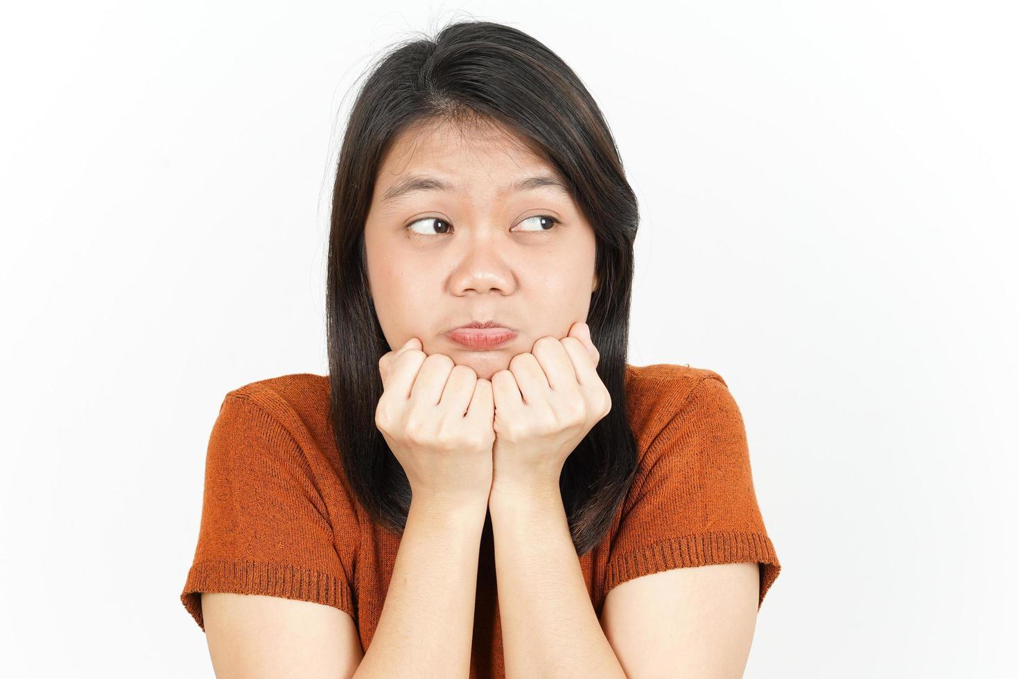 Gloomy Offended and Upset Of Beautiful Asian Woman Isolated On White Background photo