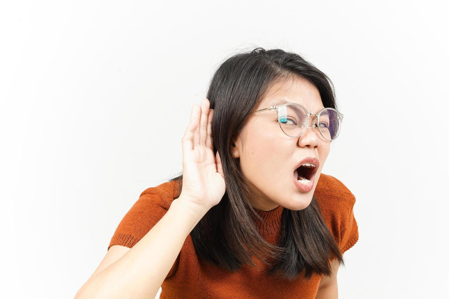 Cant Hear You Concept Of Beautiful Asian Woman Isolated On White Background photo