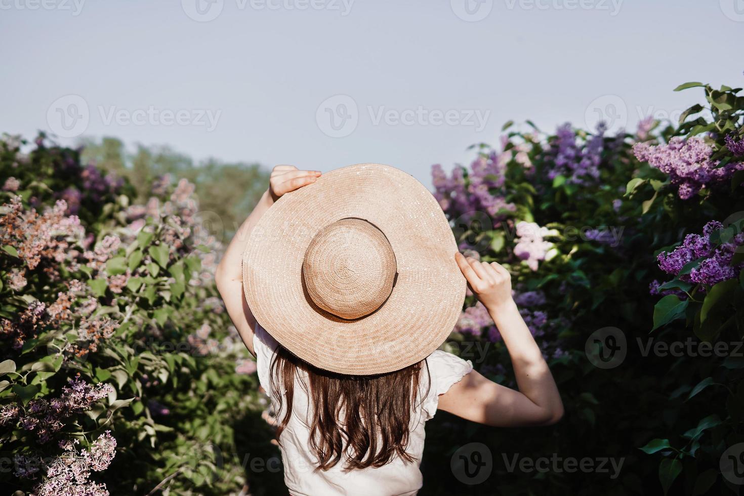 A fashionable girl with dark hair, a spring portrait in lilac tones in summer. Bright professional makeup. photo