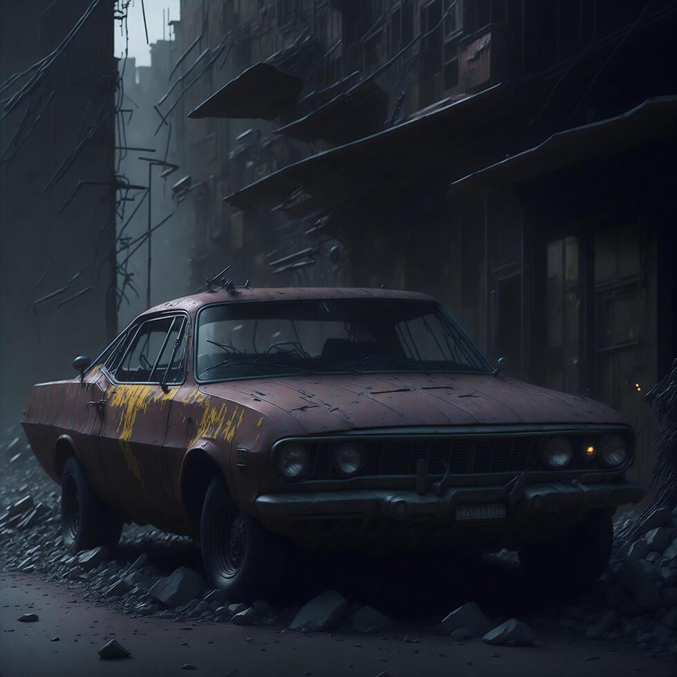 An old red car parked in front of post apocalyptic ruins photo