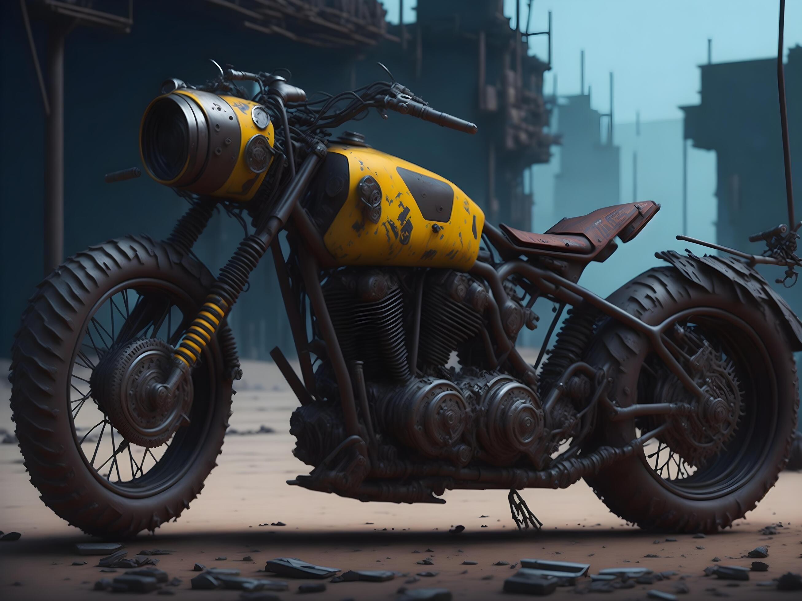 A motorcycle with a yellow paint job and a black and yellow paint job