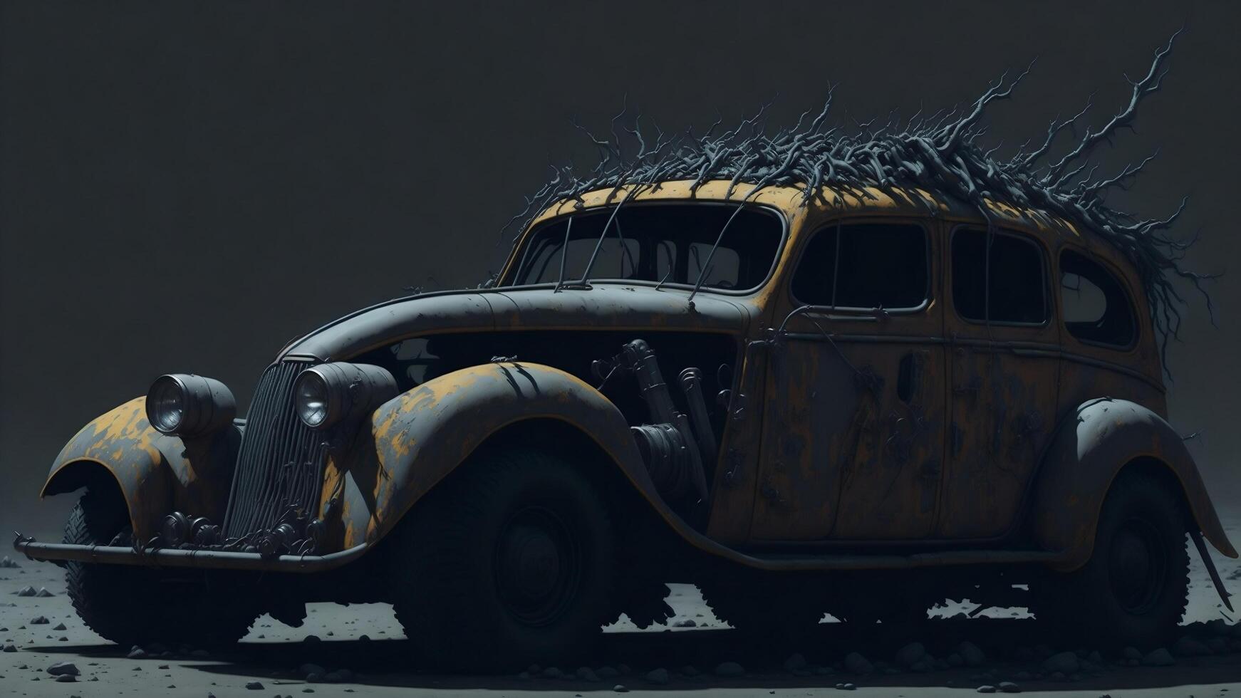 An old car with a pile of branches on the top of it photo