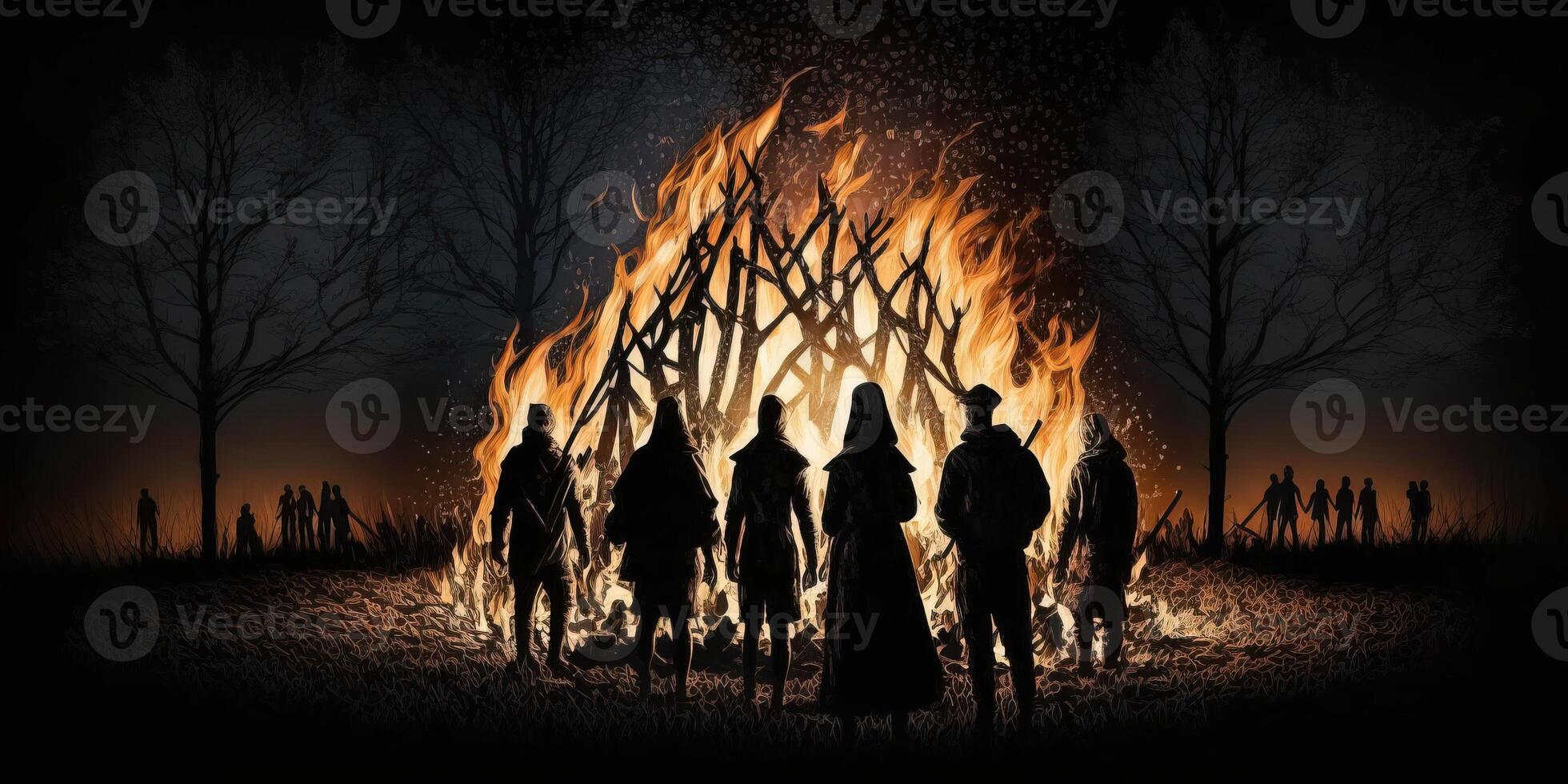 Hooded figures in silhouette standing around big fire or bonfire at a pagan ritual gathering on walpurgis night. . photo