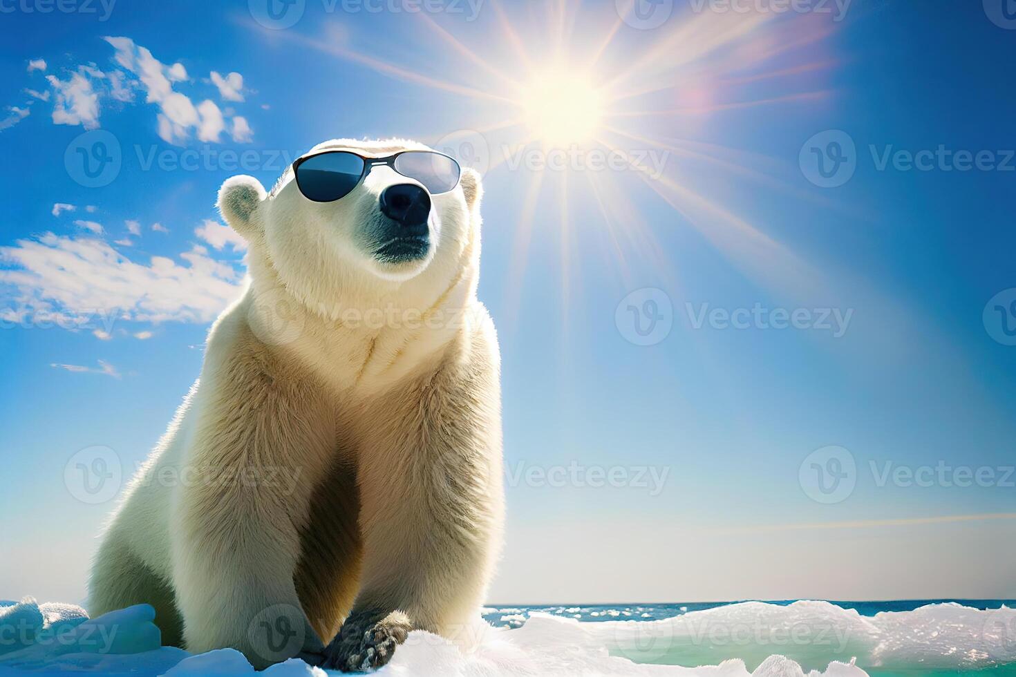 Polar bear or ice bear wearing sunglasses due to global warming climate change. . photo