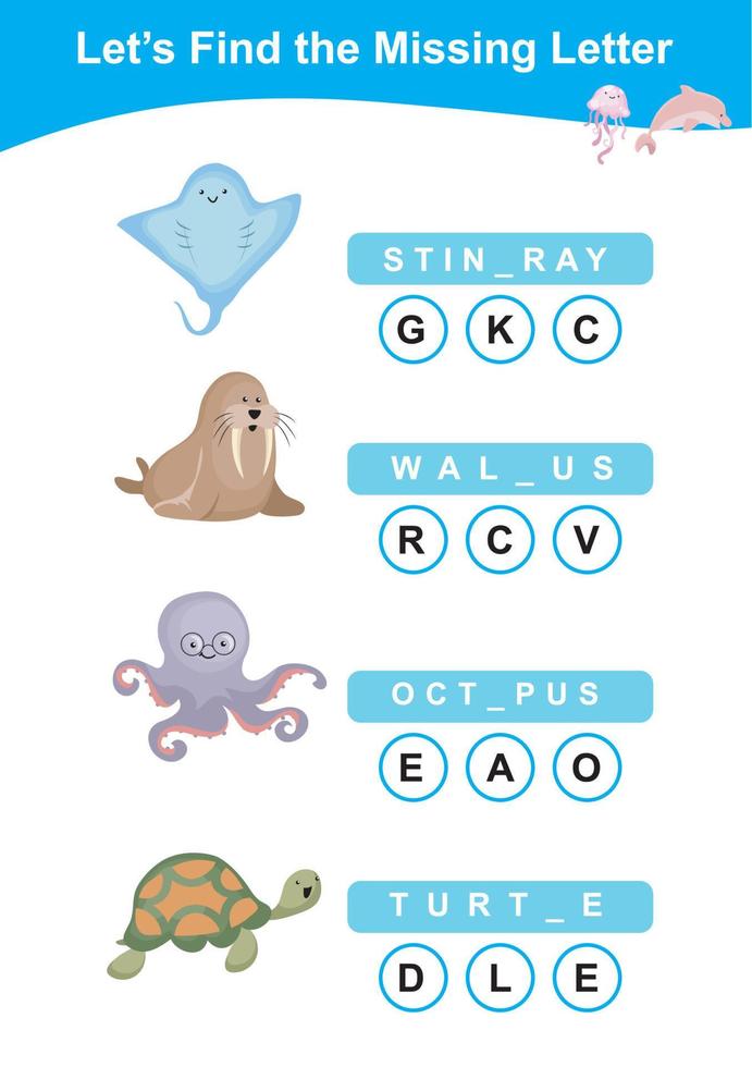 Find the missing letter worksheet. Preschool worksheet with sea animals theme. Educational spelling printable game worksheet. Vector illustration.