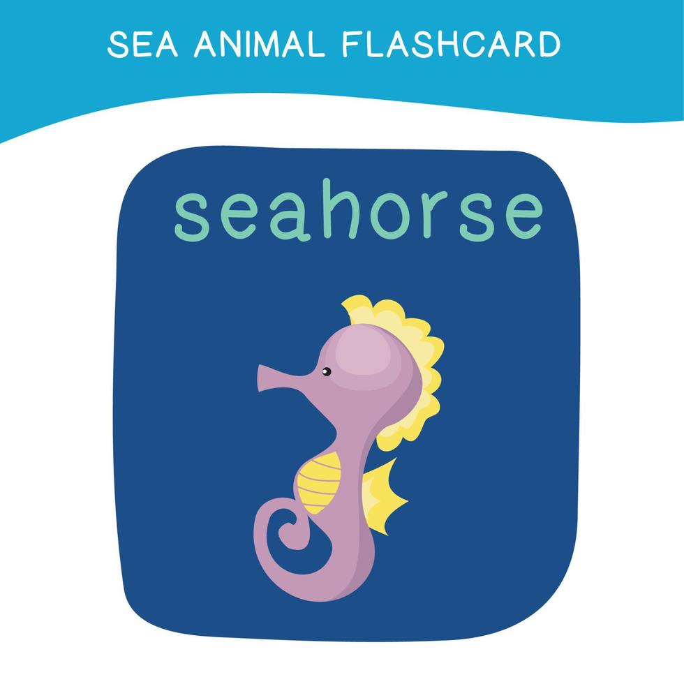 Cute sea animal flashcard for preschool children. English name with cartoon animals set. Card games for kids. Vector illustration.