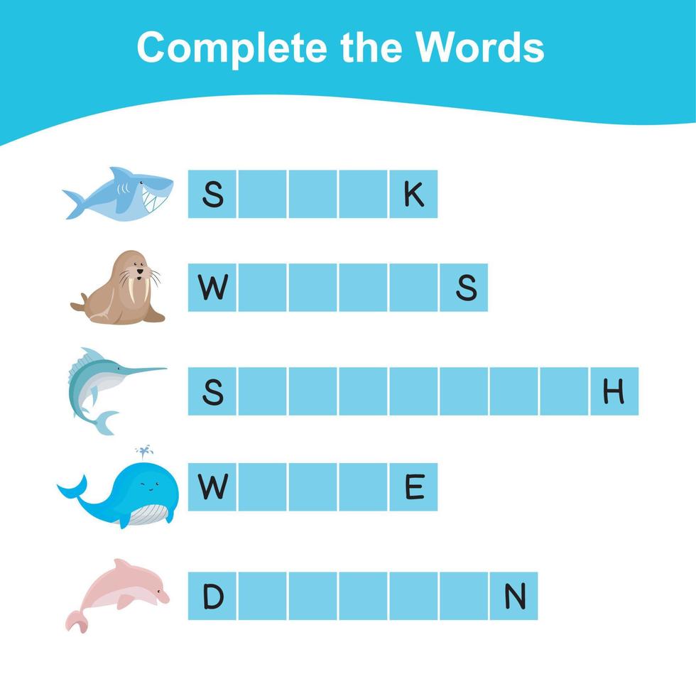 Complete the words worksheet. What letters are missing sheet. Writing activity for children. sea animals name. Educational activity for preschool kids. Vector illustration.