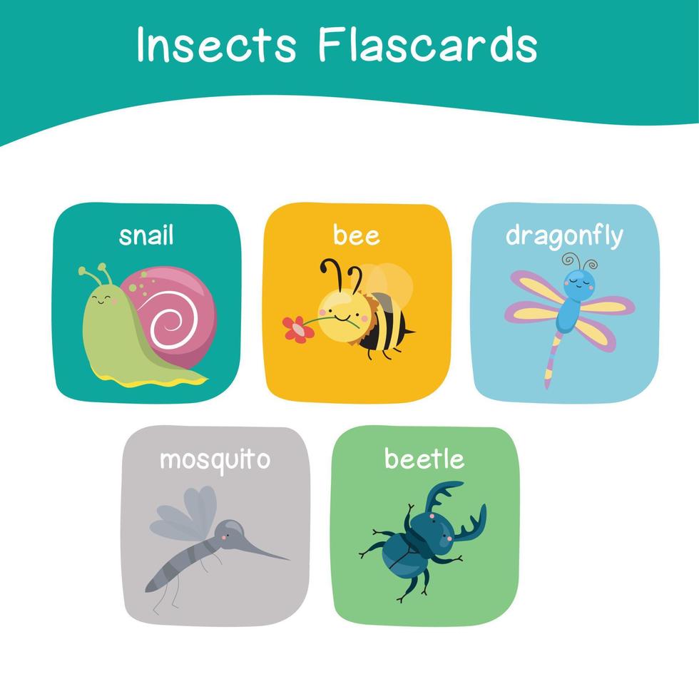 Insects Game flashcards for children. Educational printable game cards with images using funny insect animals for kids. Animals with names. Animal cards vocabulary. Vector illustration.