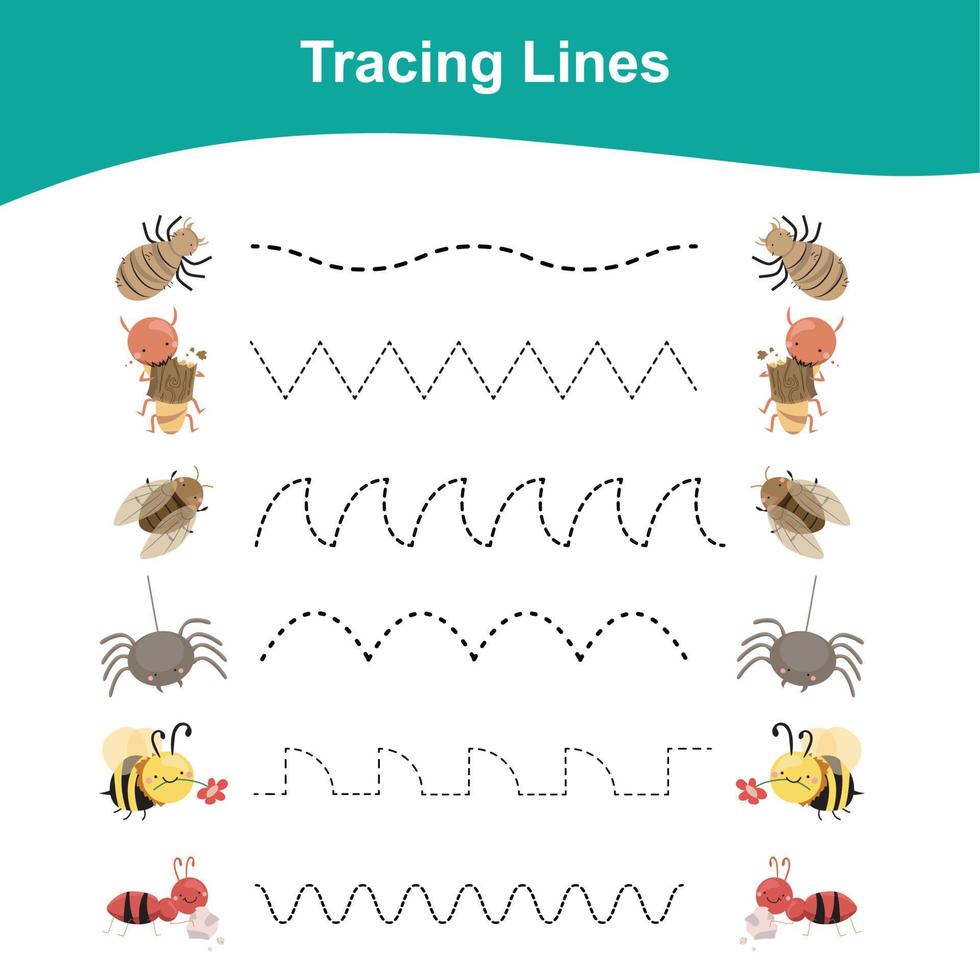 Tracing Lines Game Insects Edition. Educational worksheet. Worksheet activity for preschool kids. Preschool Education. Vector illustration.
