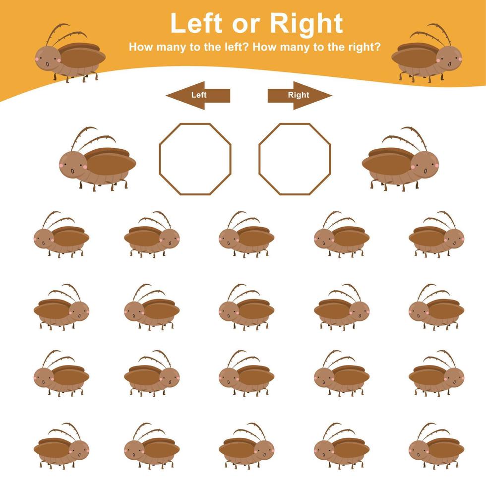 Left or Right Game worksheet. Mathematic worksheet. Count and write activity. Math printable worksheet to counting how many are left and right. Vector file.