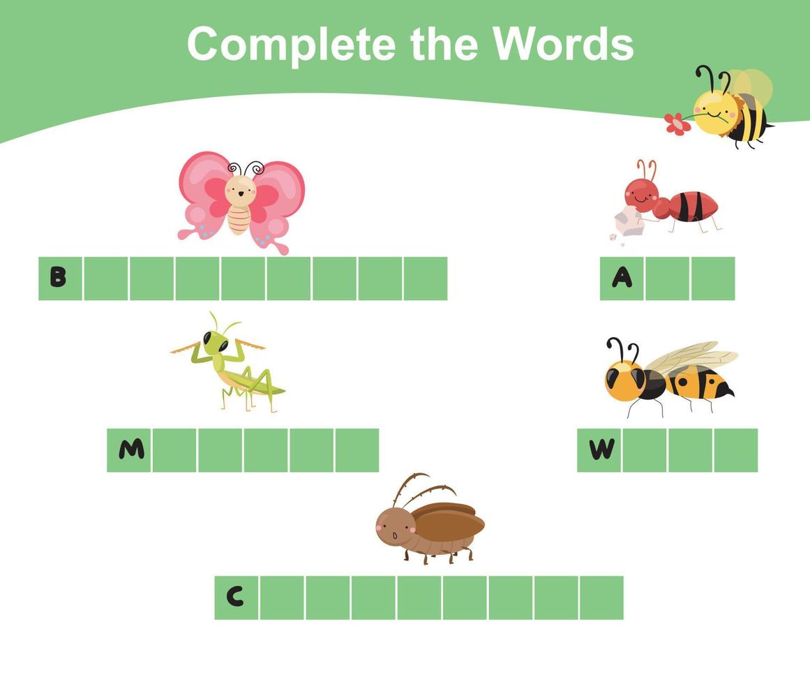 Complete the words worksheet. What letters are missing. Educational worksheet activity for children. Writing activity. Vector illustration.