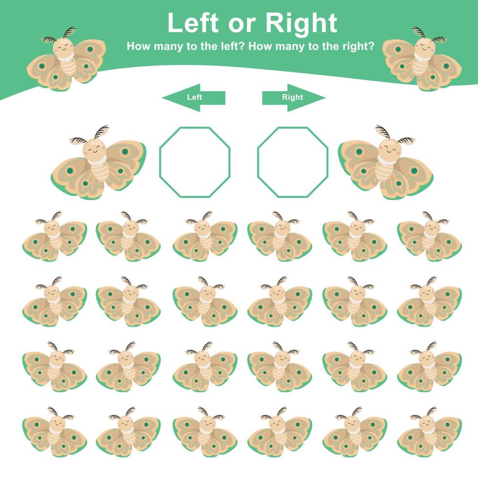 Left or Right Game worksheet. Mathematic worksheet. Count and write activity. Math printable worksheet to counting how many are left and right. Vector file.