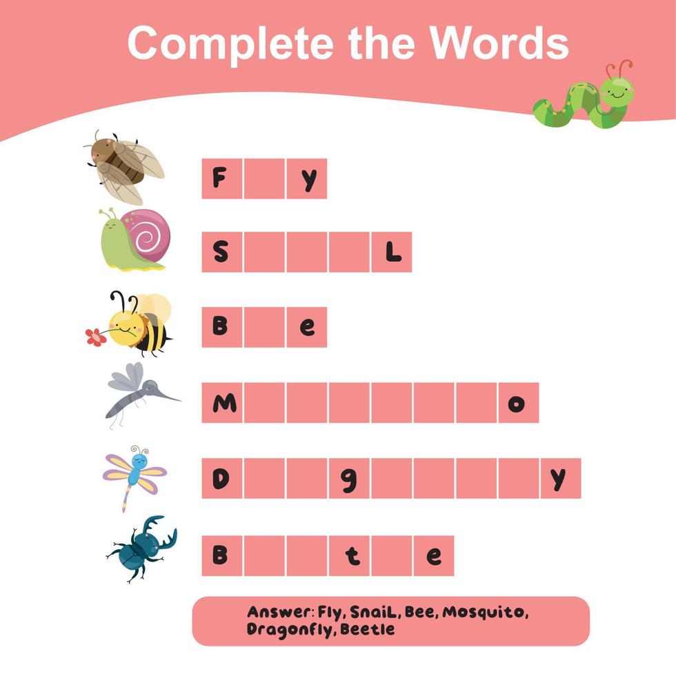 Complete the words worksheet. What letters are missing. Educational worksheet activity for children. Writing activity. Vector illustration.