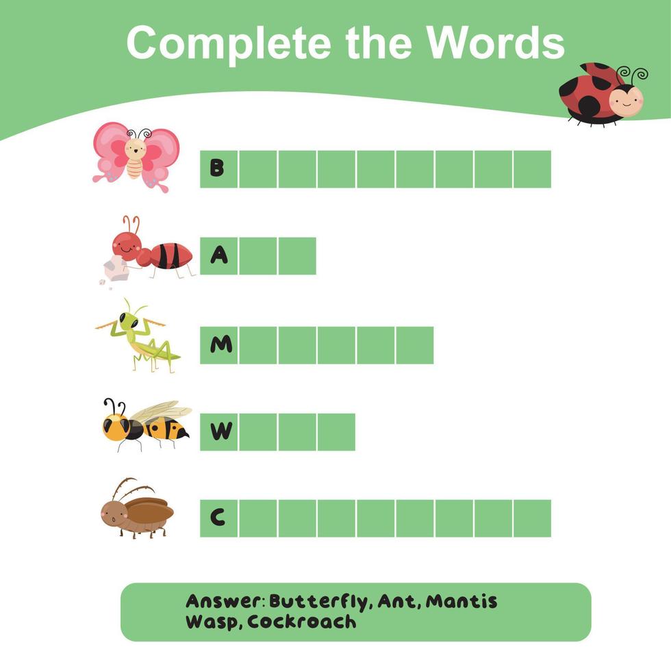 Complete the words worksheet. What letters are missing. Educational worksheet activity for children. Writing activity. Vector illustration.