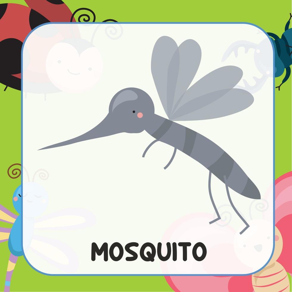 Cute Animal Flashcard for Children. Educational printable game card with images using funny insect animal for kids. Animals with names. Animal card vocabulary. Vector illustration.