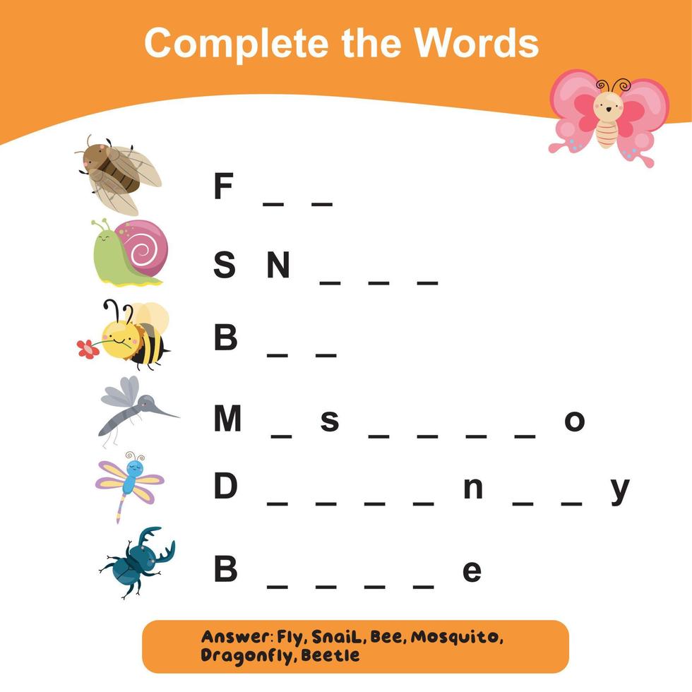 Complete the words worksheet. What letters are missing. Educational worksheet activity for children. Writing activity. Vector illustration.