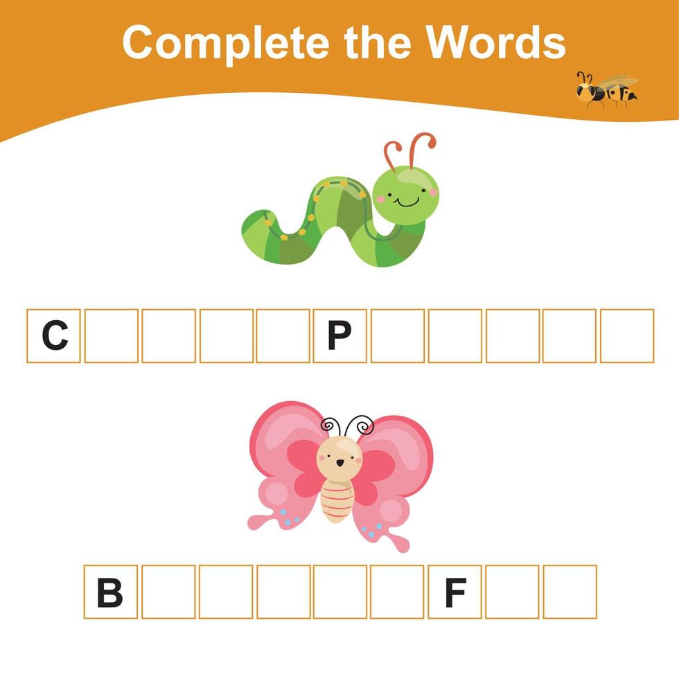 Complete the words worksheet. What letters are missing. Educational worksheet activity for children. Writing activity. Vector illustration.