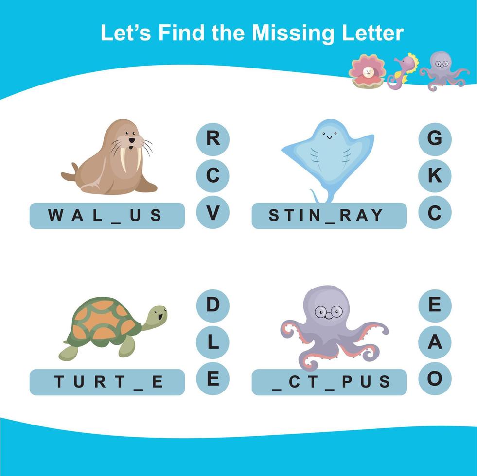 Complete the words worksheet. What letter is missing sheet. Writing activity for children. Sea animals name. Educational activity for preschool kids. Vector illustration.