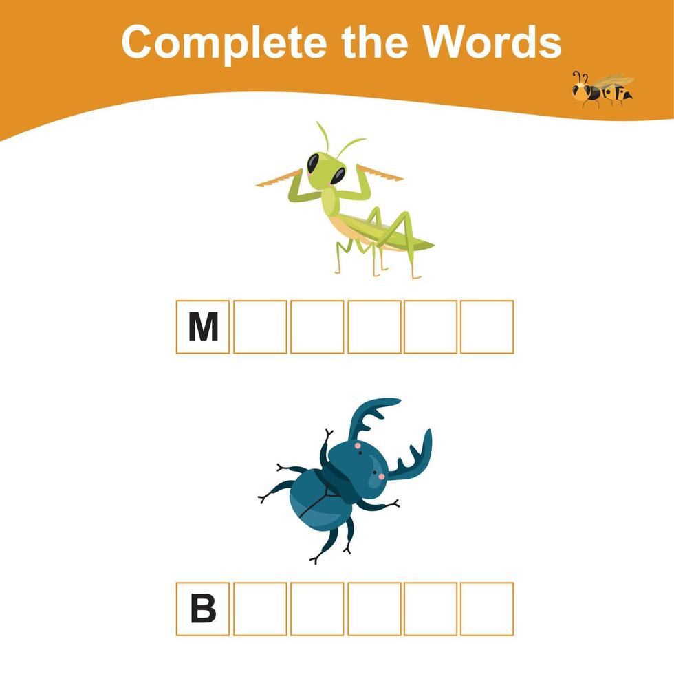 Complete the words worksheet. What letters are missing. Educational worksheet activity for children. Writing activity. Vector illustration.