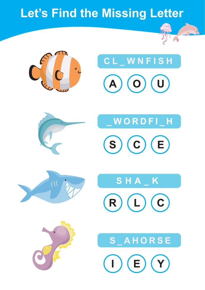 Find the missing letter worksheet. Preschool worksheet with sea animals theme. Educational spelling printable game worksheet. Vector illustration.