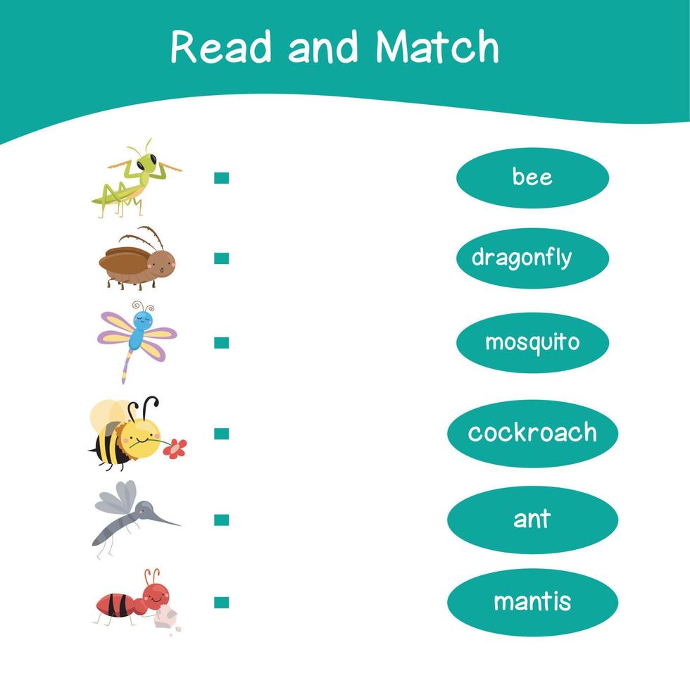 Read and match worksheet game. English alphabet with cartoon animals set. Matching words with images using funny insect animals for kids. Bugs collections. Vector illustration.
