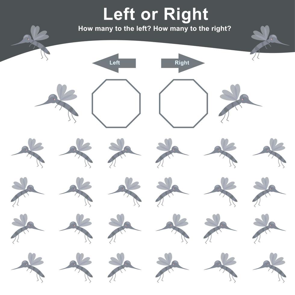 Left or Right Game worksheet. Mathematic worksheet. Count and write activity. Math printable worksheet to counting how many are left and right. Vector file.