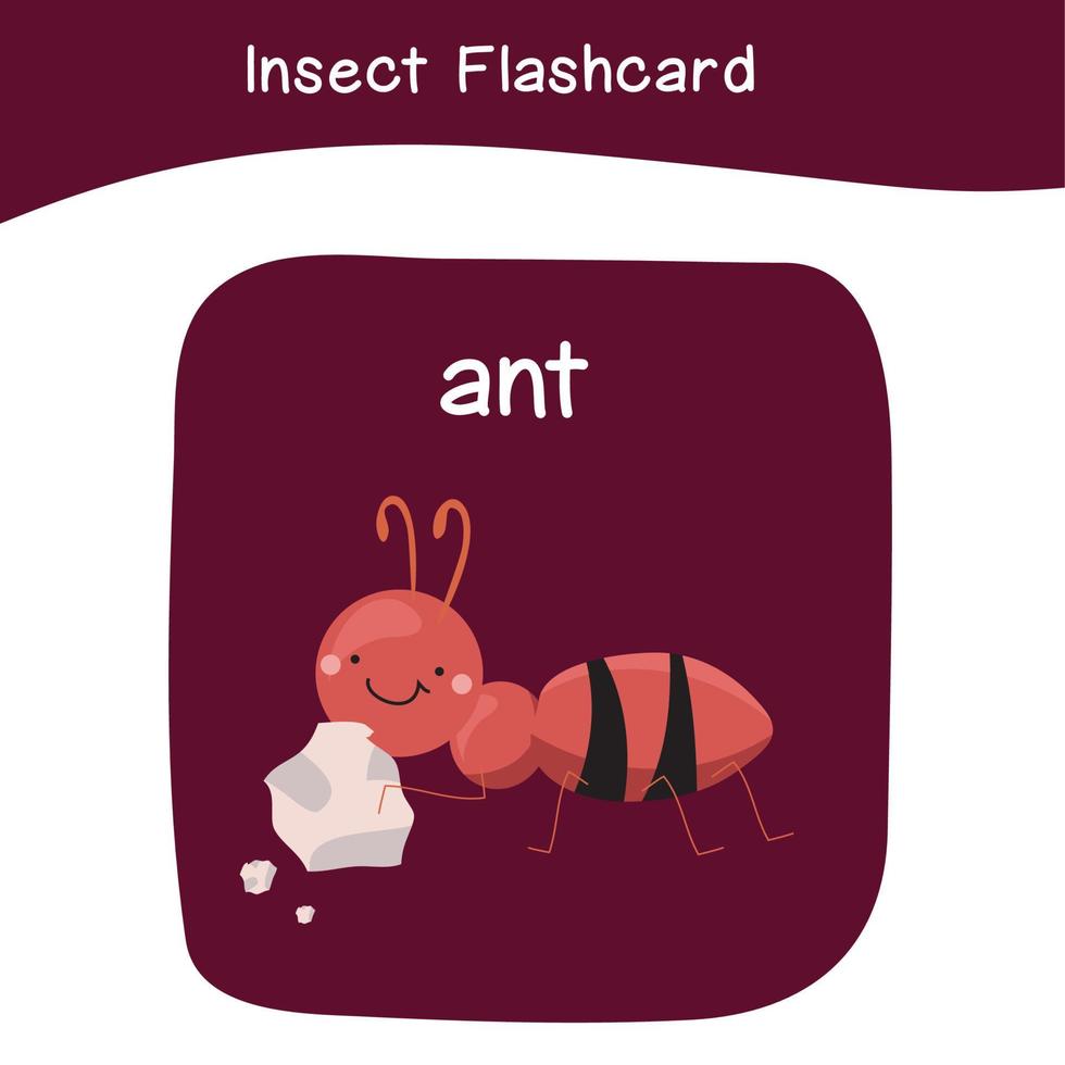 Insect Game flashcards for children. Educational printable game card with images using funny insect animal for kids. Animals with names. Animal card vocabulary. Vector illustration.