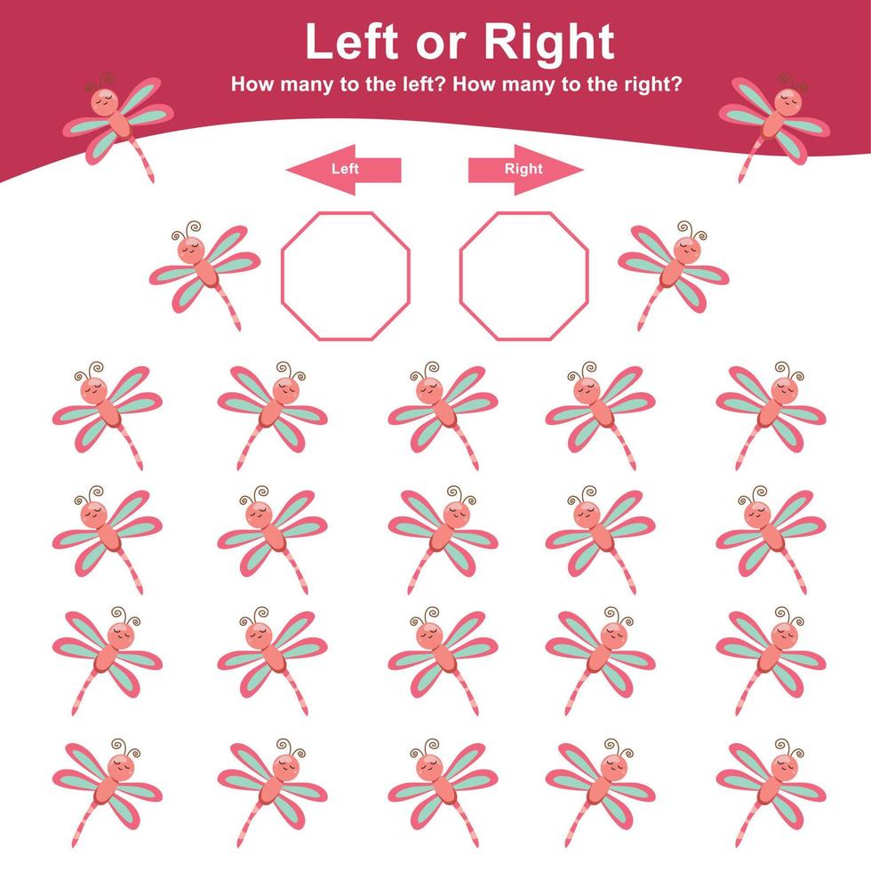 Left or Right Game worksheet. Mathematic worksheet. Count and write activity. Math printable worksheet to counting how many are left and right. Vector file.