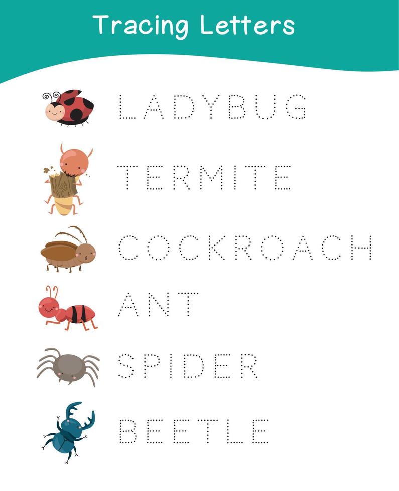 Tracing letters. Tracing names of insect names worksheet. Writing practice. Educational printable colorful worksheet. Vector file.